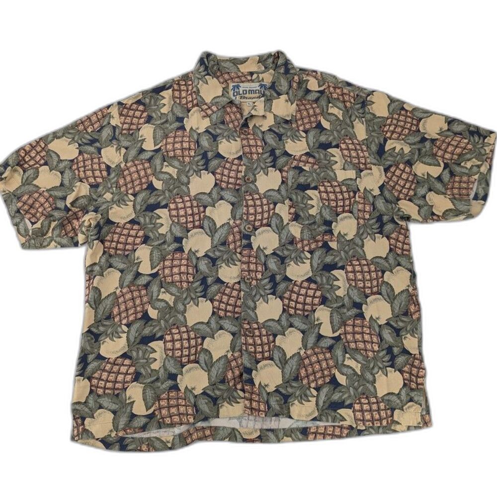 Old Maui Men's Hawaiian 100%  Silk Pineapple Brown Button Down Shirt Size XL